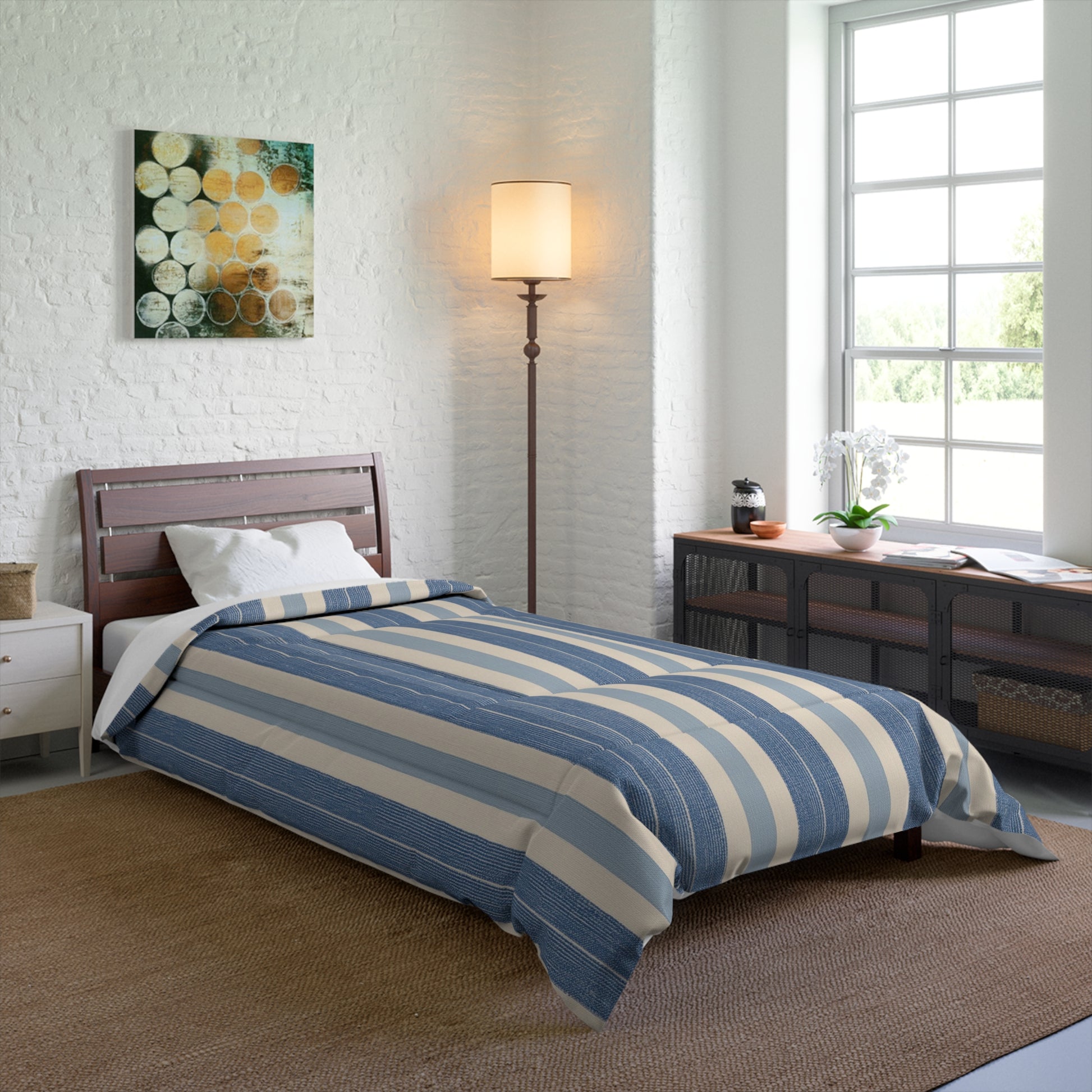 Blue White Striped Comforter in a soft aesthetic dorm room — soft natural lighting, warm layered styling by HomeStylesPlus