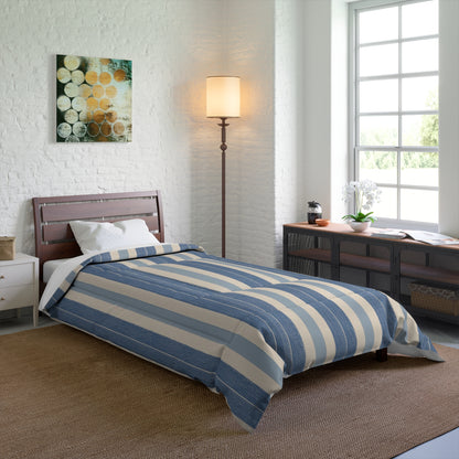 Blue White Striped Comforter in a soft aesthetic dorm room — soft natural lighting, warm layered styling by HomeStylesPlus