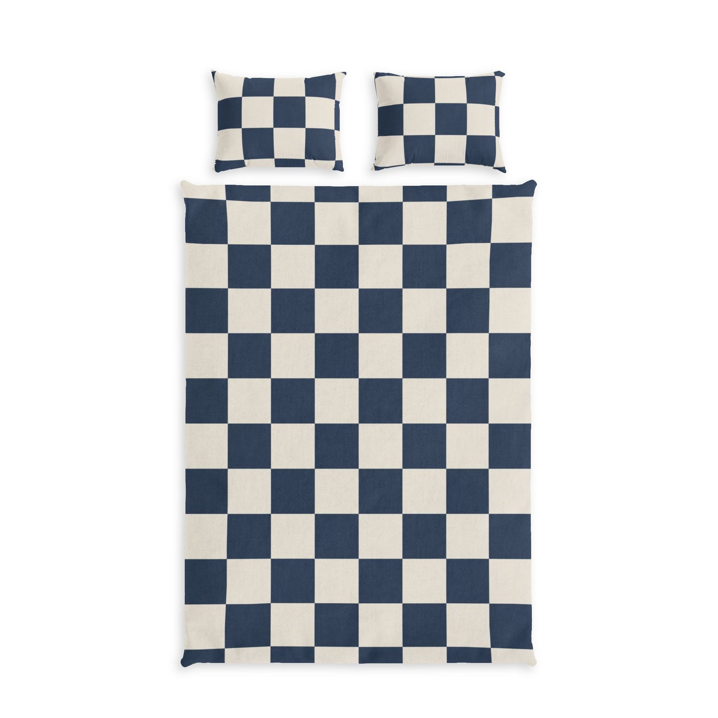 Navy Checkerboard Cotton Bed Set, D in a soft aesthetic dorm room — soft natural lighting, warm layered styling by HomeStyles