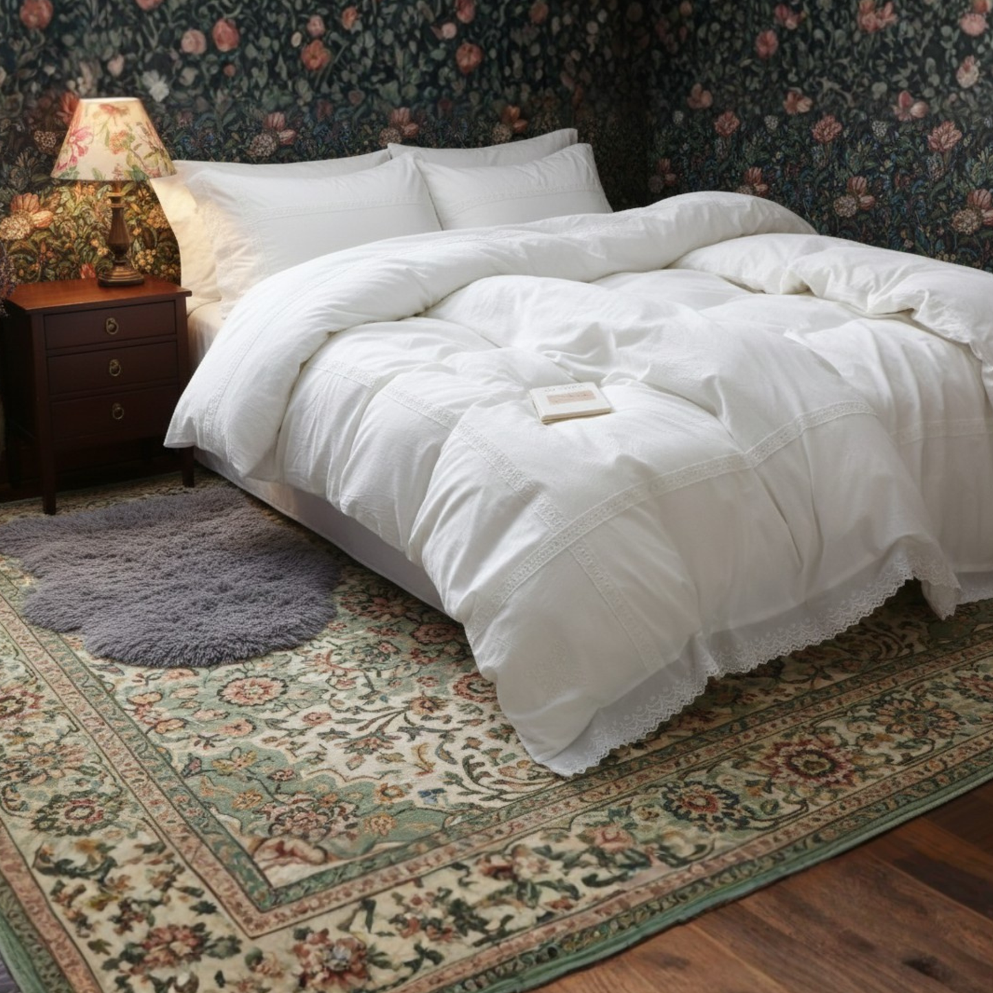 Vintage White Lace Trim Duvet Set - 100% Cotton Cottagecore Bedding