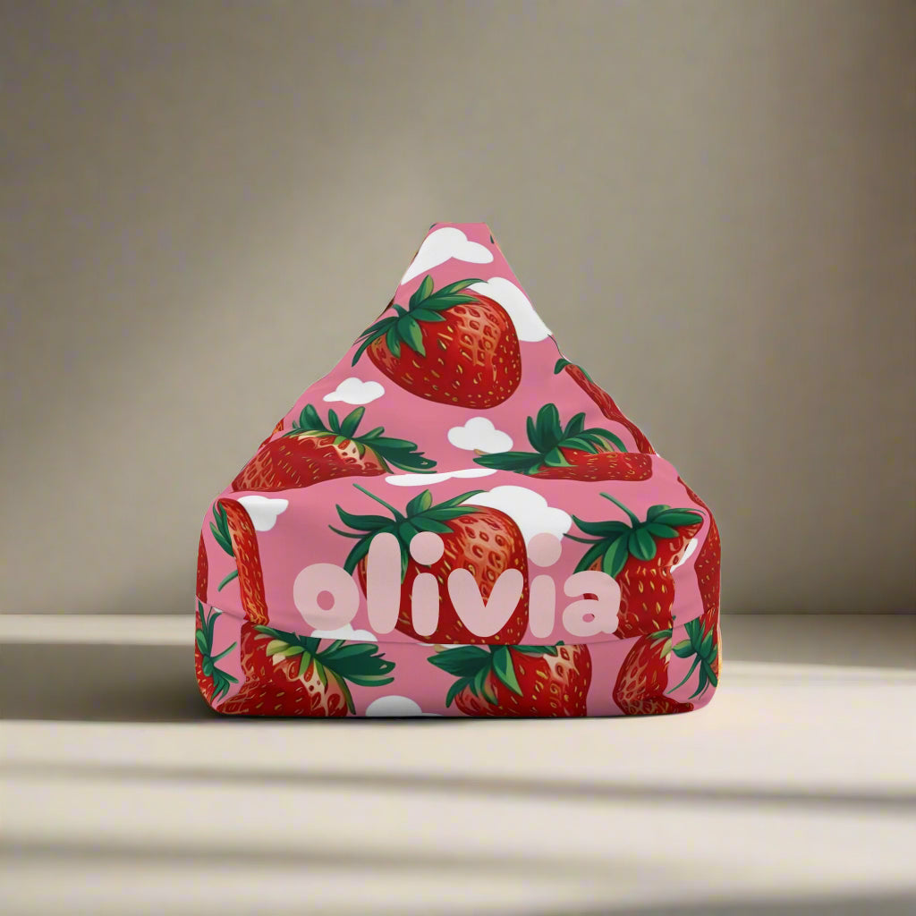Personalized Strawberry Bean Bag Chair Cover - Custom Name Gift, Kids Room Decor, Home Furniture, Nursery Decor, Birthday Gift