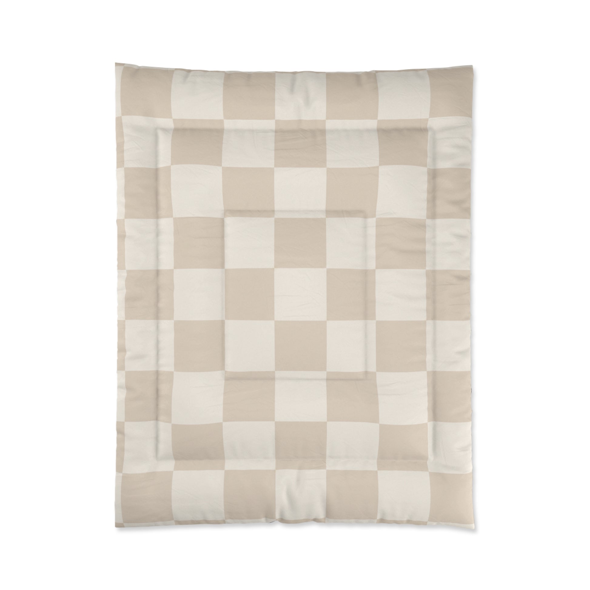 Cream Beige Checker Comforter in a soft aesthetic dorm room — soft natural lighting, warm layered styling by HomeStylesPlus