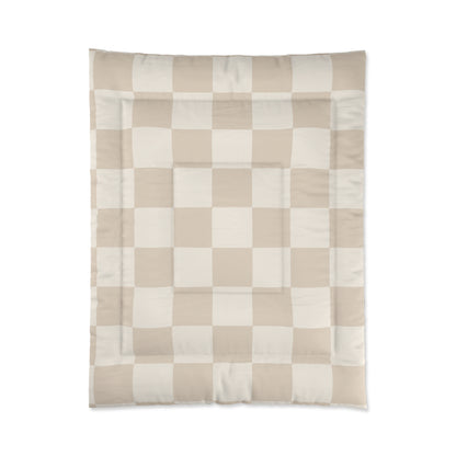 Cream Beige Checker Comforter in a soft aesthetic dorm room — soft natural lighting, warm layered styling by HomeStylesPlus