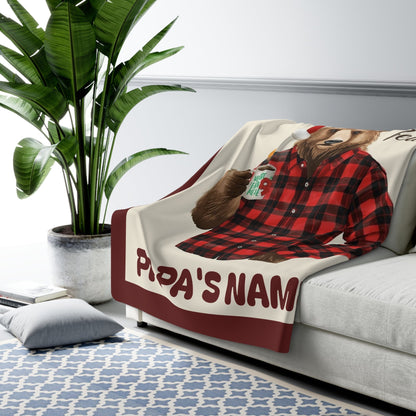 Personalized Papa Bear Christmas blanket with red and black buffalo plaid, soft fleece, and custom family name design