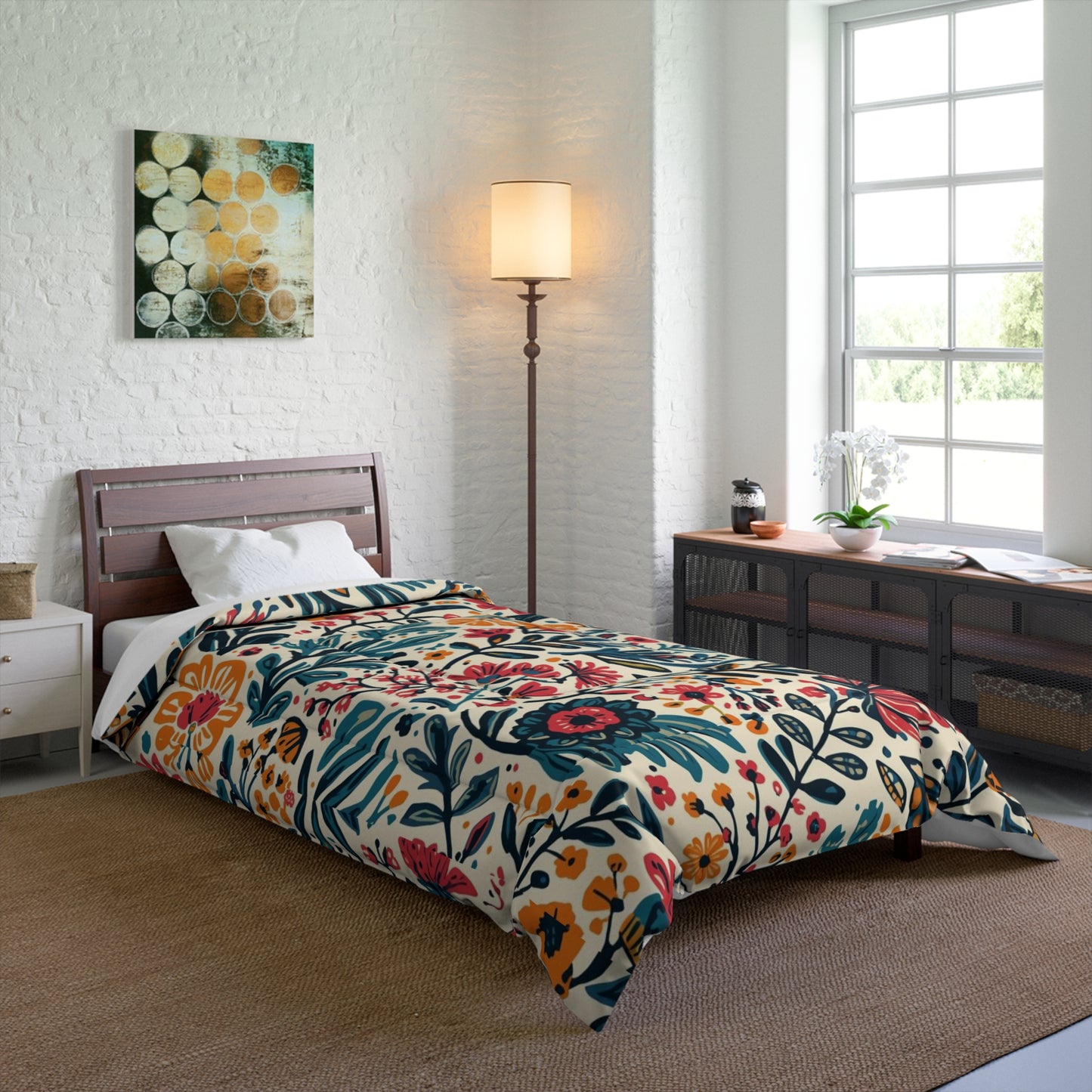 Cozy Boho Dorm Comforter, Twin XL C in a soft aesthetic dorm room — soft natural lighting, warm layered styling by HomeStyles