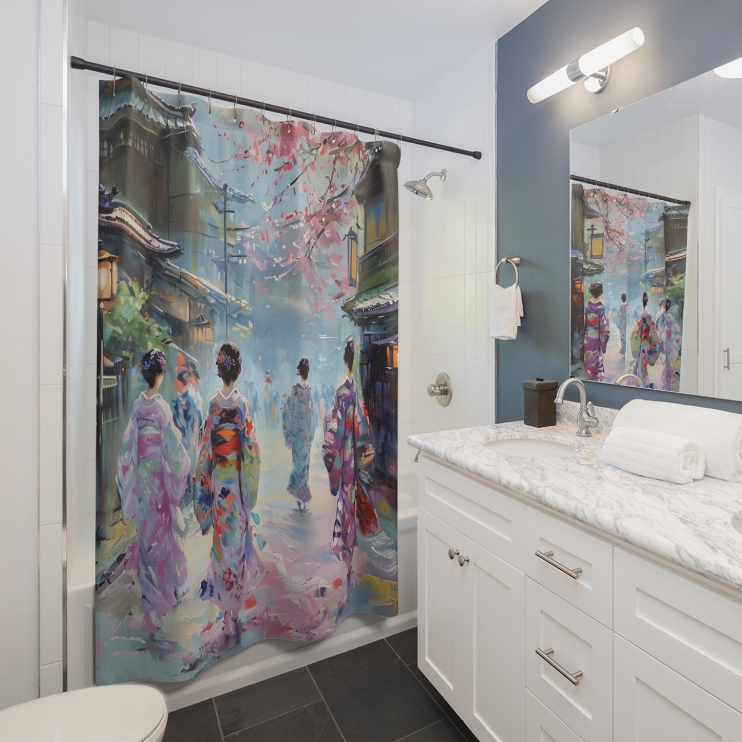 Japanese Kimono Kyoto City Shower Curtains - Oriental Bathroom Decor, Traditional Japanese Bath, Geisha Inspired Home Accessories, Asian