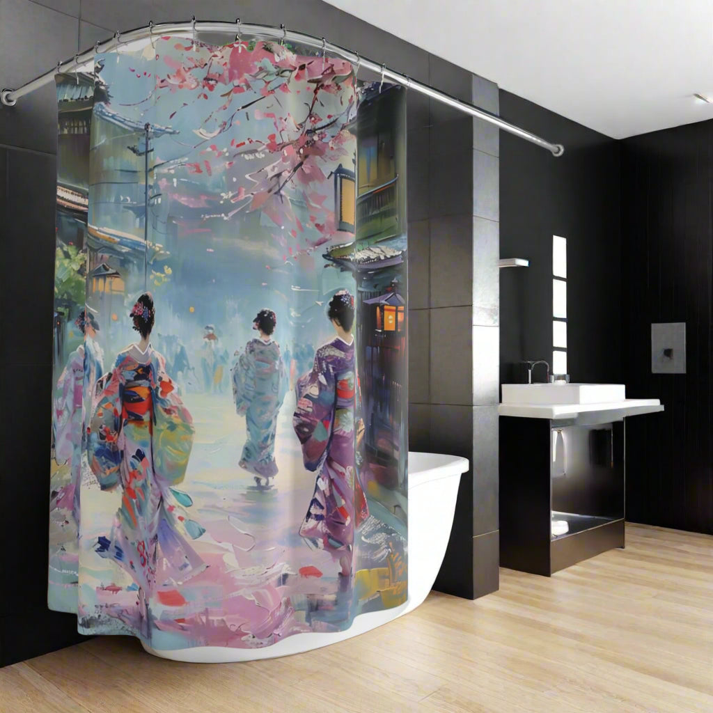 Japanese Kimono Kyoto City Shower Curtains - Oriental Bathroom Decor, Traditional Japanese Bath, Geisha Inspired Home Accessories, Asian