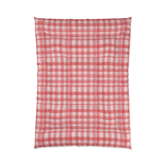 Pink Plaid Cozy Dorm Comforter in a soft aesthetic dorm room — soft natural lighting, warm layered styling by HomeStylesPlus