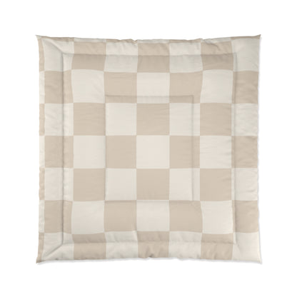 Cream Beige Checker Comforter in a soft aesthetic dorm room — soft natural lighting, warm layered styling by HomeStylesPlus