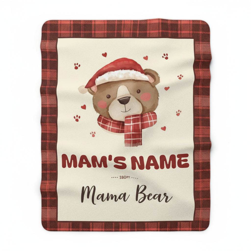 Personalized Mama Bear Christmas blanket with buffalo plaid border and festive bear design