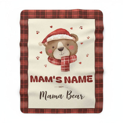 Personalized Mama Bear Christmas blanket with buffalo plaid border and festive bear design