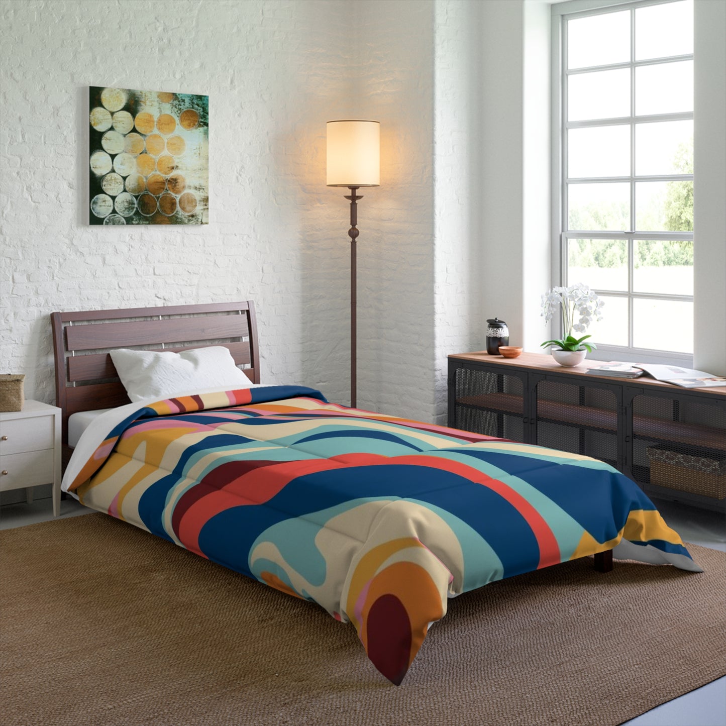 Cozy Dorm Aesthetic Comforter in a soft aesthetic dorm room — soft natural lighting, warm layered styling by HomeStylesPlus