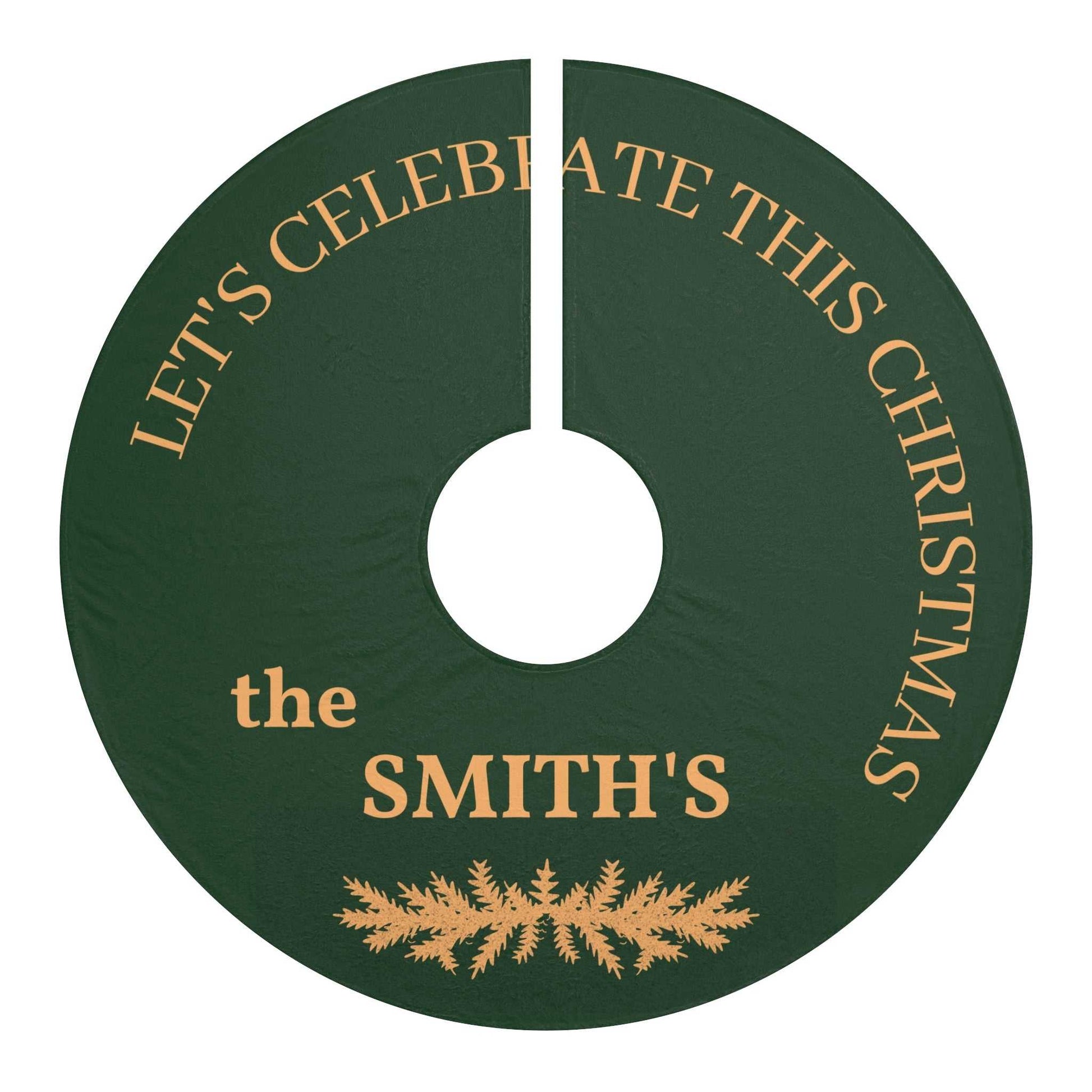 Personalized Christmas Tree Skirt in green with custom family name and festive gold text design