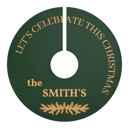 Personalized Christmas Tree Skirt in green with custom family name and festive gold text design