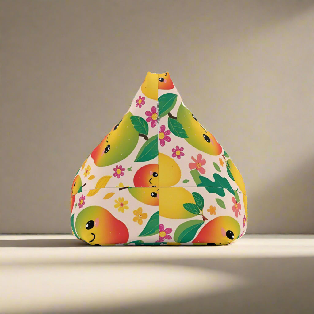 A shower curtain featuring a colorful fruit theme pattern with orange segments and leaves on a white background, displayed in a bathroom setting.