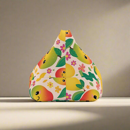 A shower curtain featuring a colorful fruit theme pattern with orange segments and leaves on a white background, displayed in a bathroom setting.