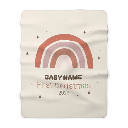 Personalized Sherpa Blanket with baby name and first Christmas 2025 design, soft fleece throw for holiday comfort and nursery decor