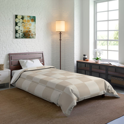 Cream Beige Checker Comforter in a soft aesthetic dorm room — soft natural lighting, warm layered styling by HomeStylesPlus
