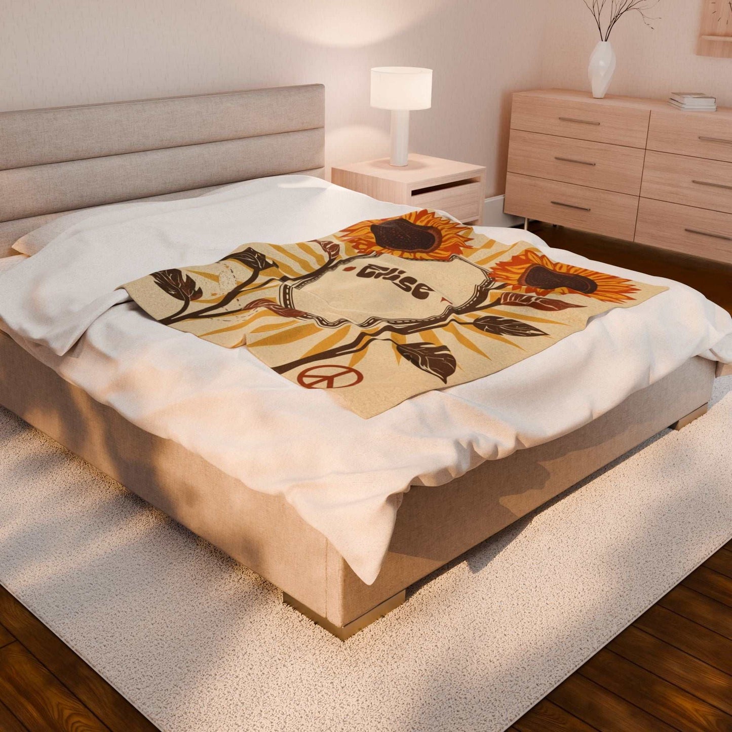 Personalized velveteen plush blanket with sunflower and peace design on bed in cozy bedroom setting