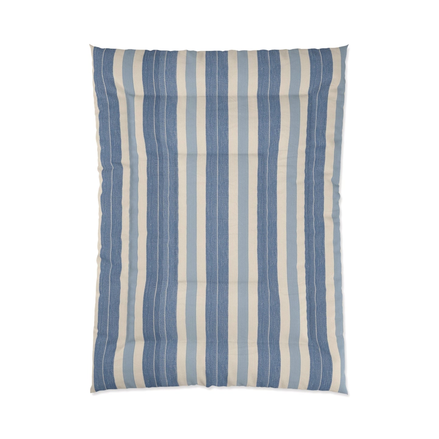 Blue White Striped Comforter in a soft aesthetic dorm room — soft natural lighting, warm layered styling by HomeStylesPlus