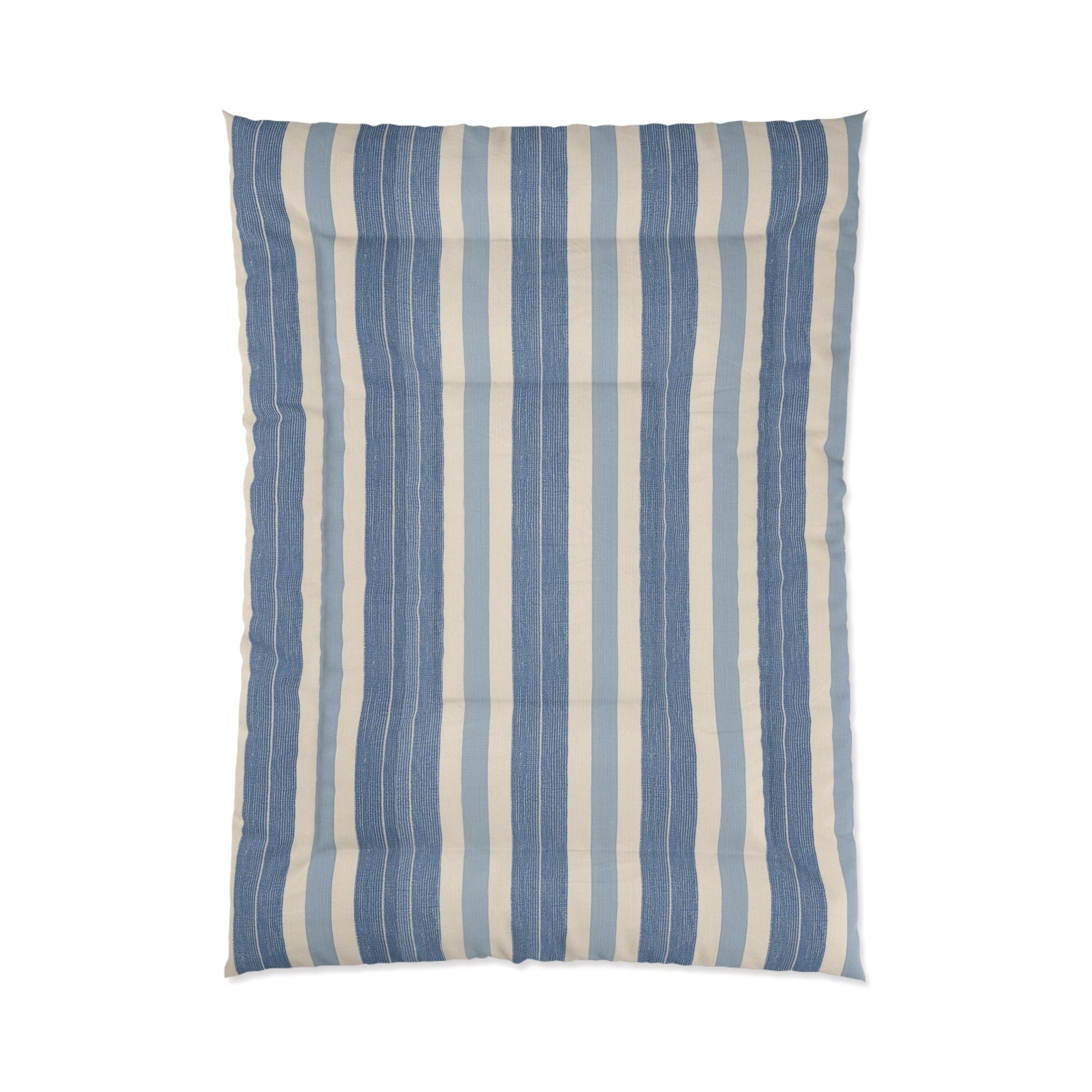 Blue White Striped Comforter in a soft aesthetic dorm room — soft natural lighting, warm layered styling by HomeStylesPlus