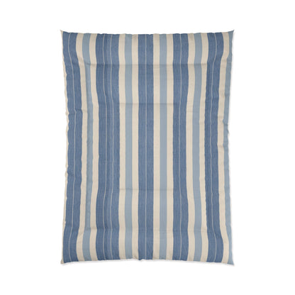 Blue White Striped Comforter in a soft aesthetic dorm room — soft natural lighting, warm layered styling by HomeStylesPlus