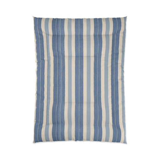 Blue White Striped Comforter in a soft aesthetic dorm room — soft natural lighting, warm layered styling by HomeStylesPlus