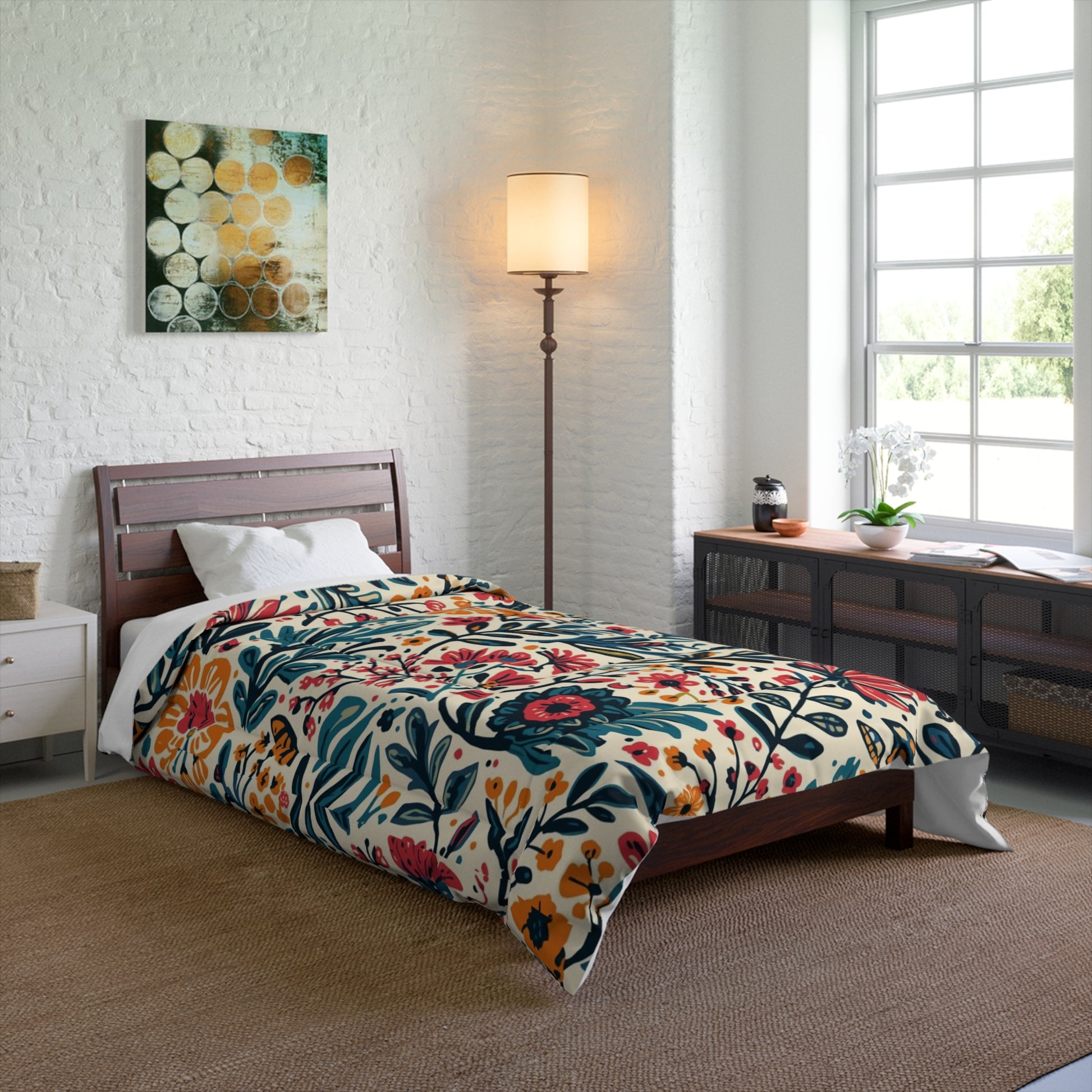 Cozy Boho Dorm Comforter, Twin XL C in a soft aesthetic dorm room — soft natural lighting, warm layered styling by HomeStyles