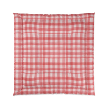 Pink Plaid Cozy Dorm Comforter in a soft aesthetic dorm room — soft natural lighting, warm layered styling by HomeStylesPlus