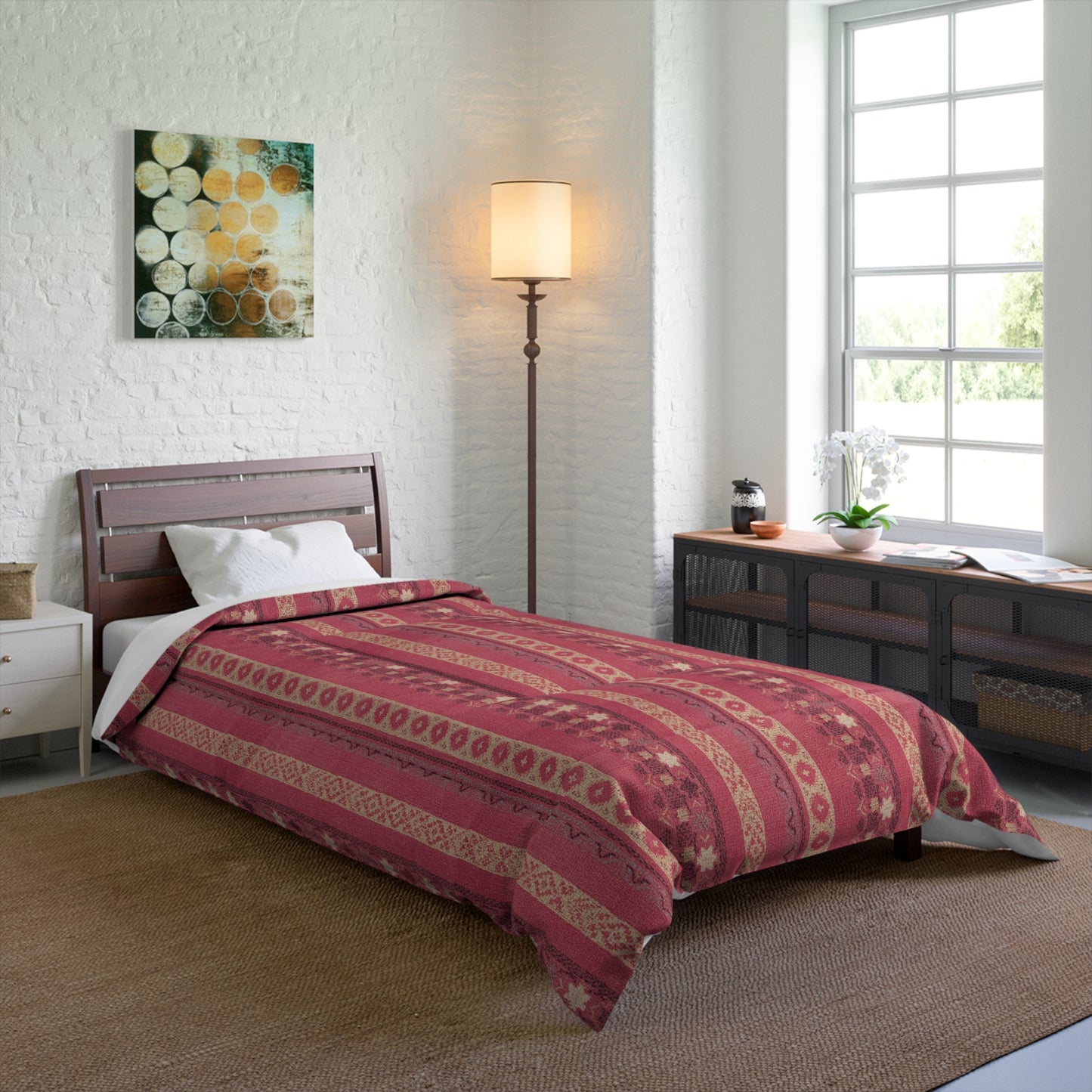 Modern Nautical Pink Boho Comforter in a soft aesthetic dorm room — soft natural lighting, warm layered styling by HomeStyles