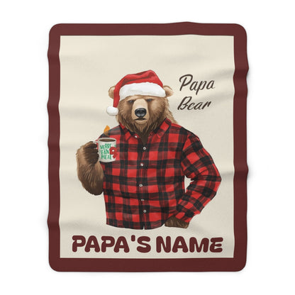 Personalized Papa Bear Christmas Blanket with red and black buffalo plaid, Santa hat bear, and customizable family name design.