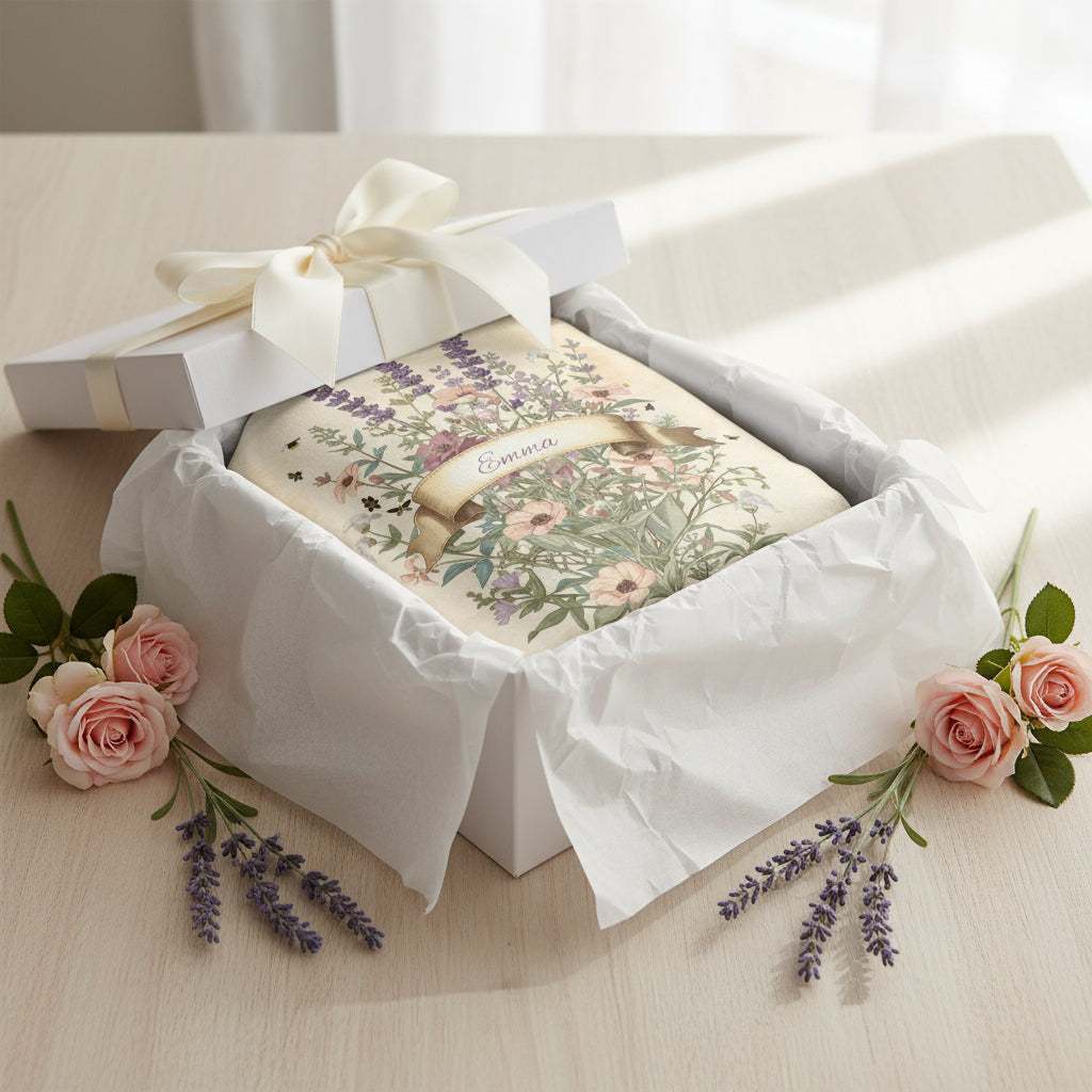 Velveteen plush blanket gift set with floral design in white box and ribbon, cozy warm throw for baby, grandma, and mom