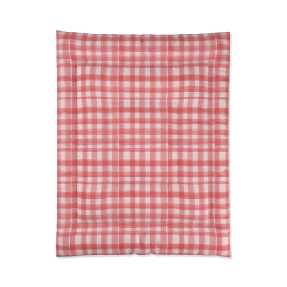 Pink Plaid Cozy Dorm Comforter in a soft aesthetic dorm room — soft natural lighting, warm layered styling by HomeStylesPlus