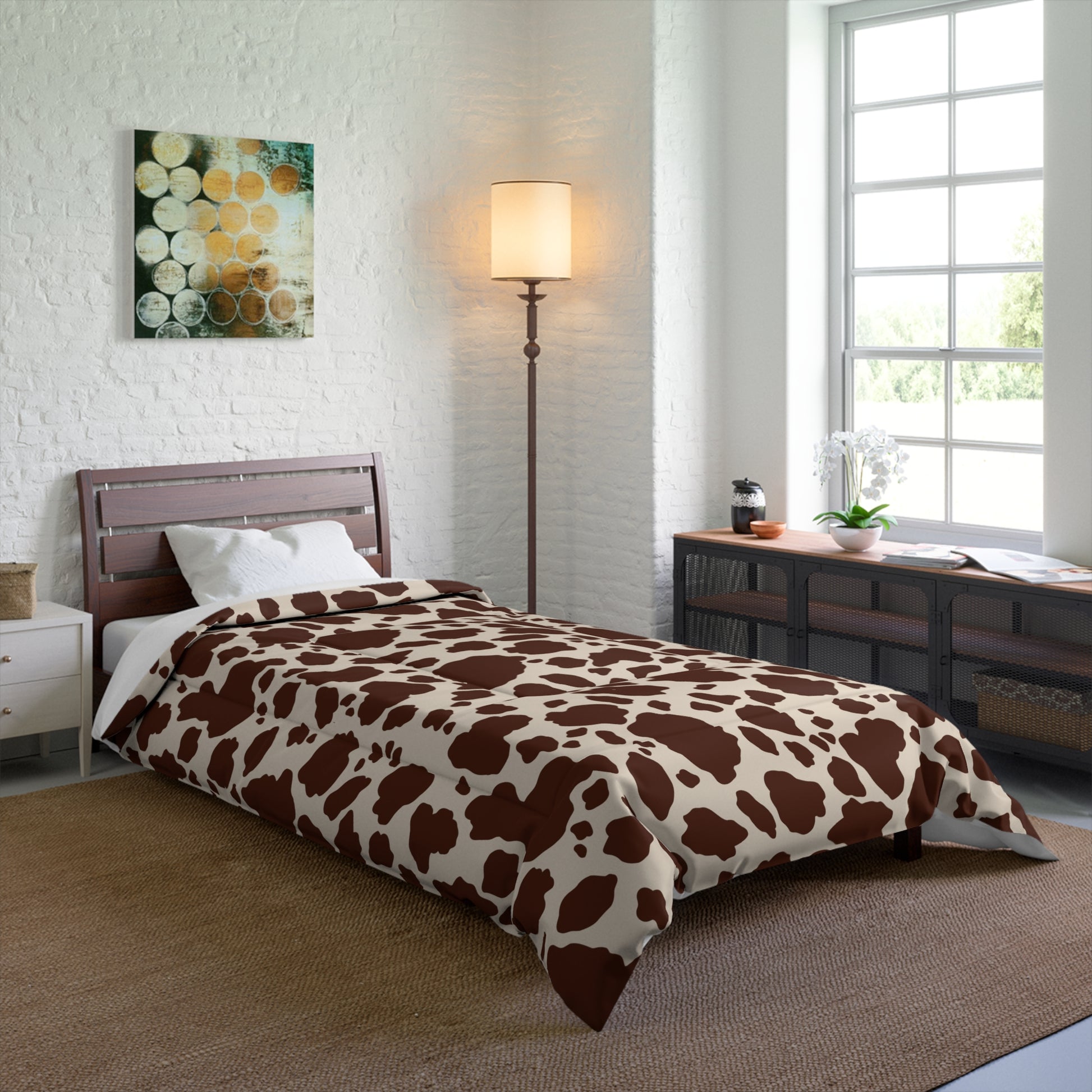 Cow Print Cozy Dorm Comforter in a soft aesthetic dorm room — soft natural lighting, warm layered styling by HomeStylesPlus