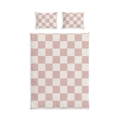 Dusty Pink Checker Cotton Bed Set in a soft aesthetic dorm room — soft natural lighting, warm layered styling by HomeStylesPl