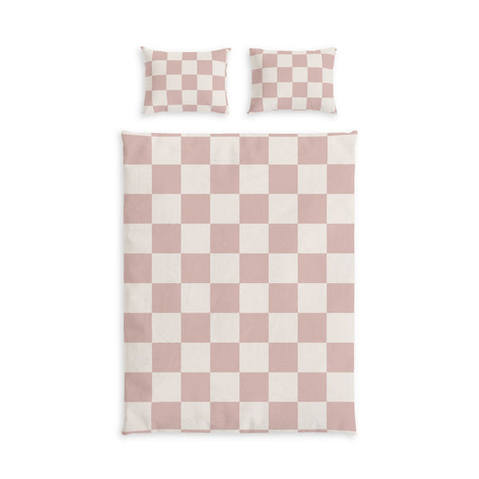 Dusty Pink Checker Cotton Bed Set in a soft aesthetic dorm room — soft natural lighting, warm layered styling by HomeStylesPl
