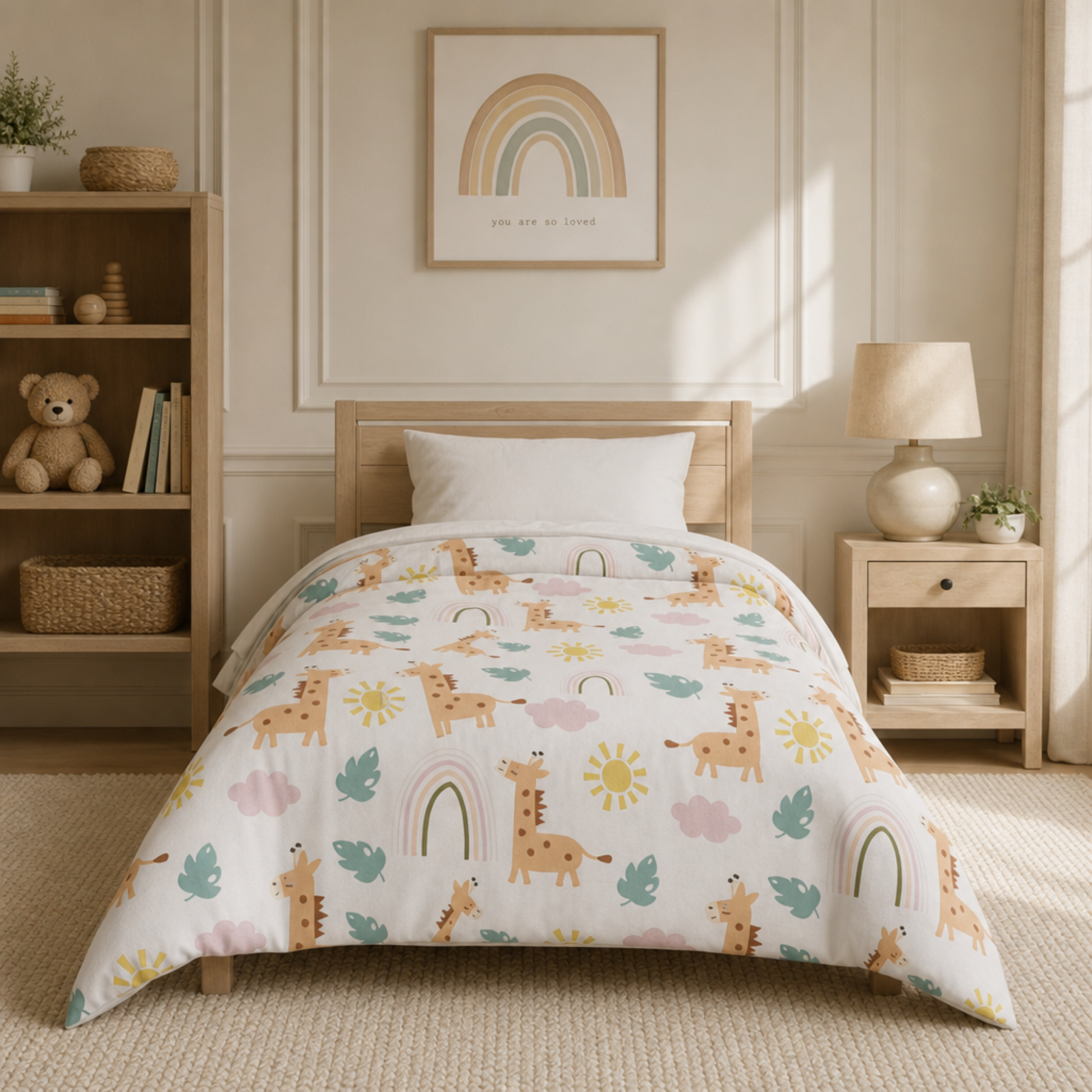 Twin XL Giraffe Animal Comforter in soft neutral tones for kids bedding and nursery decor