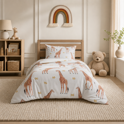 Pastel Safari Giraffe comforter in soft neutral tones on Twin XL bed in a calm, nature-inspired kids bedroom