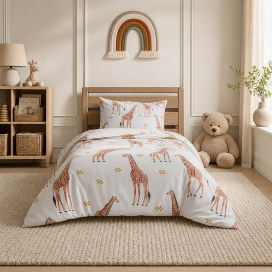 Pastel Safari Giraffe comforter in soft neutral tones on Twin XL bed in a calm, nature-inspired kids bedroom