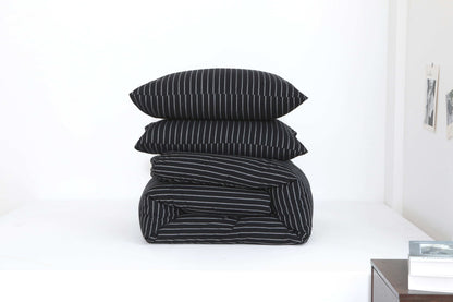 Black striped duvet cover set - lux in a soft aesthetic dorm room — soft natural lighting, warm layered styling by HomeStyles