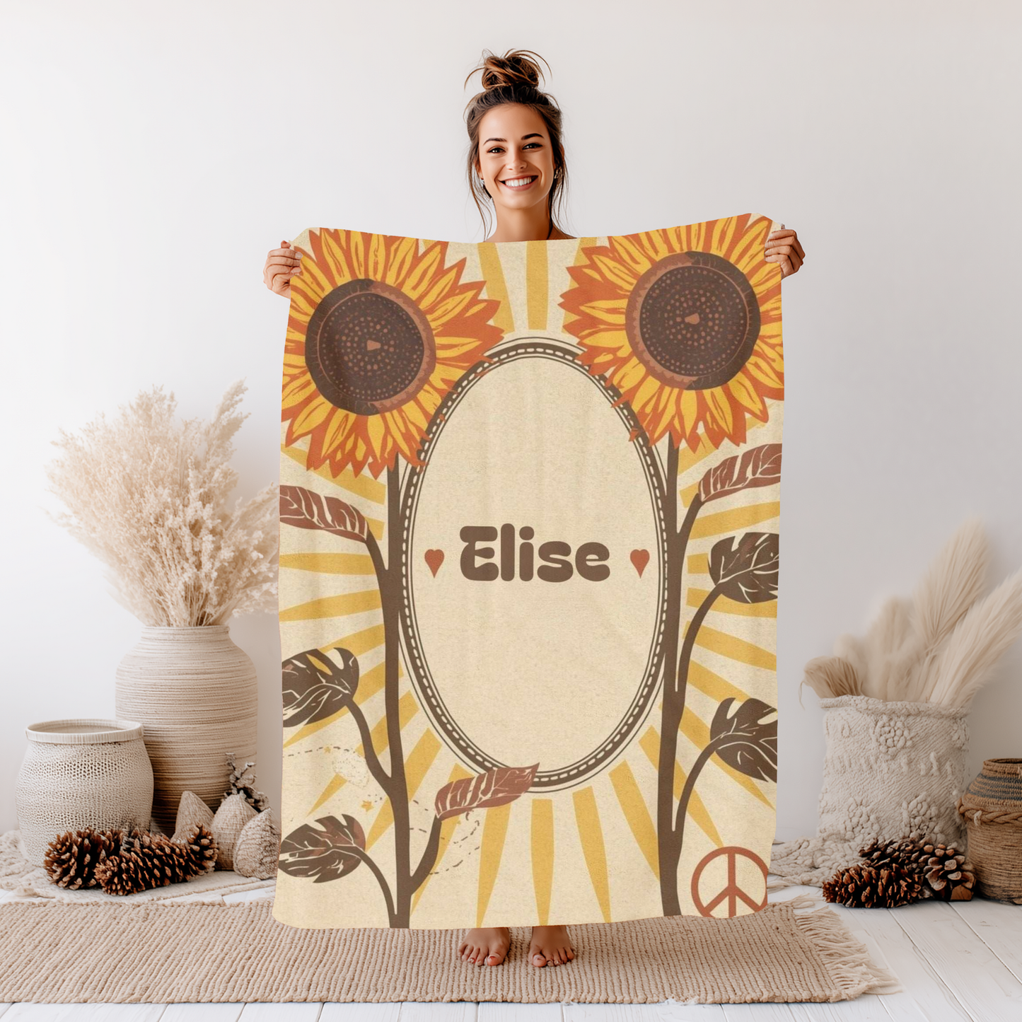 Personalized velveteen plush blanket with sunflower design and custom name for wedding gift