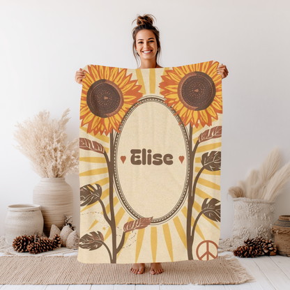 Personalized velveteen plush blanket with sunflower design and custom name for wedding gift