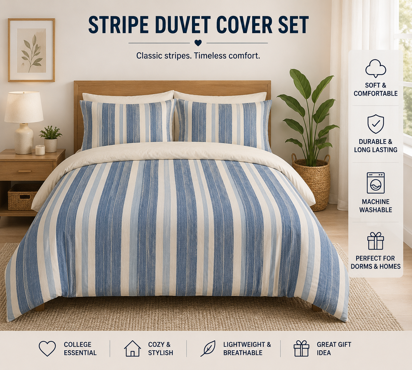 Blue White Striped Comforter | Twin XL Dorm Bedding, Coastal Aesthetic