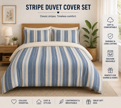 Blue White Striped Comforter | Twin XL Dorm Bedding, Coastal Aesthetic