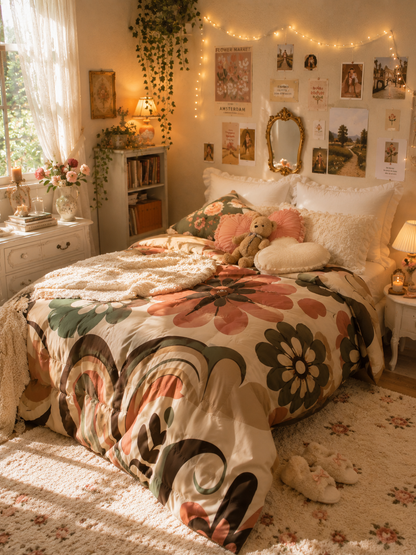 Retro floral pattern comforter with vintage 70s boho flower design on lightweight microfiber bedding