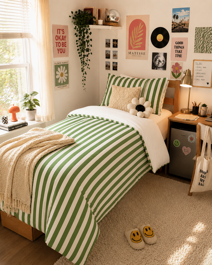 Green white striped comforter with modern nautical design on bed in minimalist bedroom