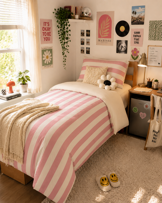 Pink and white striped comforter on cozy twin XL bed in modern nautical bedroom decor
