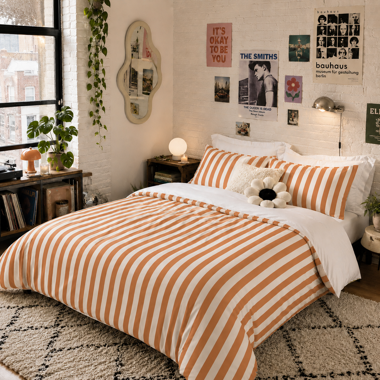 Orange White Striped Comforter | Cozy Twin XL Dorm Bedding | Modern Nautical Bedroom Decor