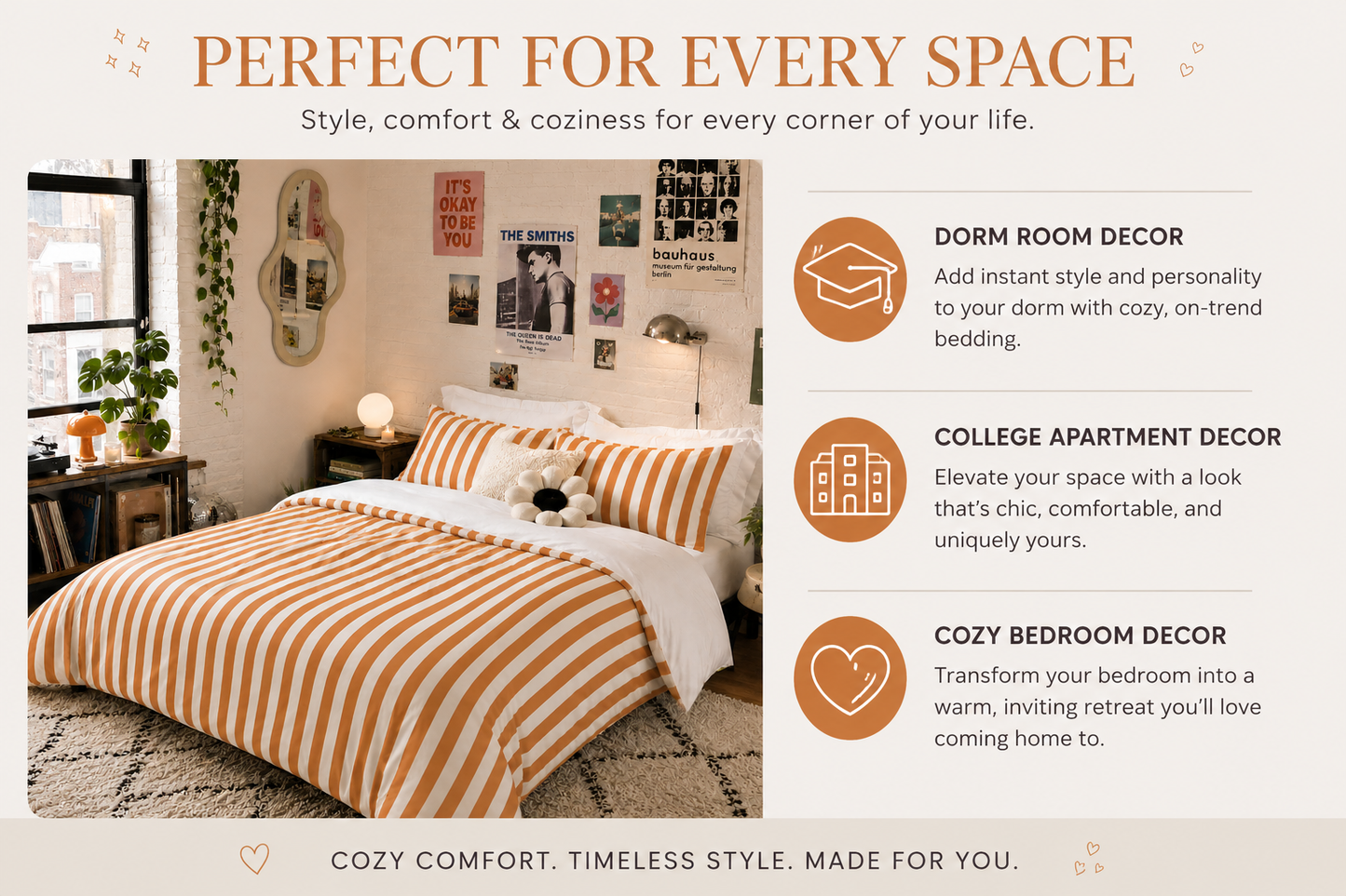 Orange White Striped Comforter | Cozy Twin XL Dorm Bedding | Modern Nautical Bedroom Decor