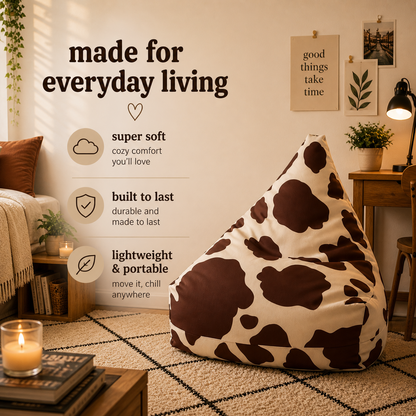 Bean Bag Chair Cover, Retro Cow Print Slipcover, Farmhouse Home Decor, Animal Lover Gift, Nursery Room Decor, Kids Bedroom Furniture, Comfy